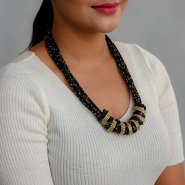 Black Seed Beaded Multi Strand Necklace (22 Inches) In Goldtone