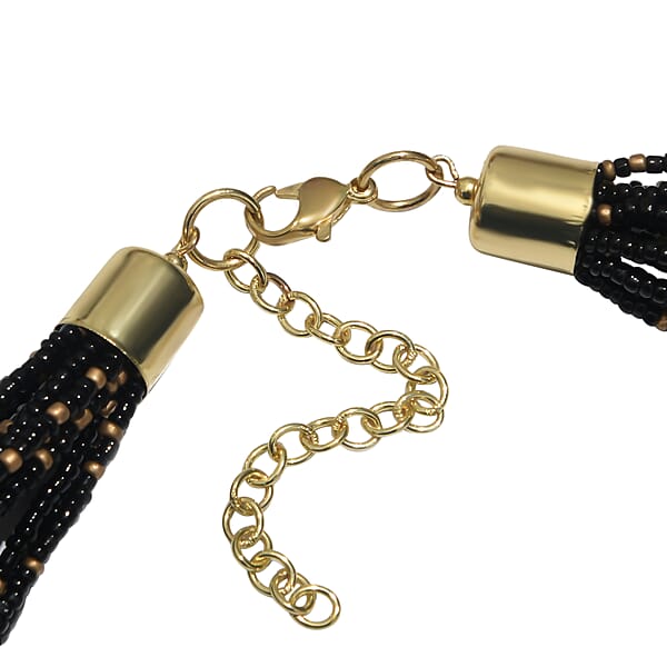 Black Seed Beaded Multi Strand Necklace (22 Inches) In Goldtone