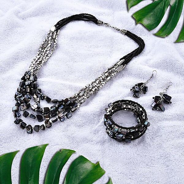 Black Seed Beaded Multi Strand Necklace With Wrap Bracelet Shell Earrings For Women In Stainless Steel Handmade Jewelry Set For Women (22 Inches)