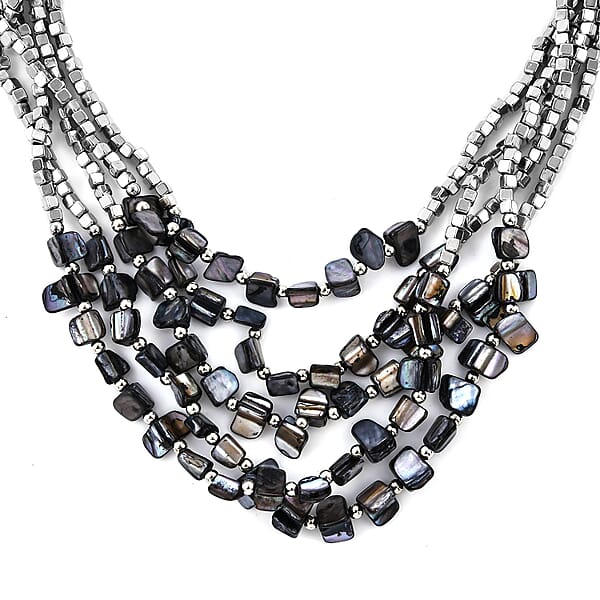 Black Seed Beaded Multi Strand Necklace With Wrap Bracelet Shell Earrings For Women In Stainless Steel Handmade Jewelry Set For Women (22 Inches)