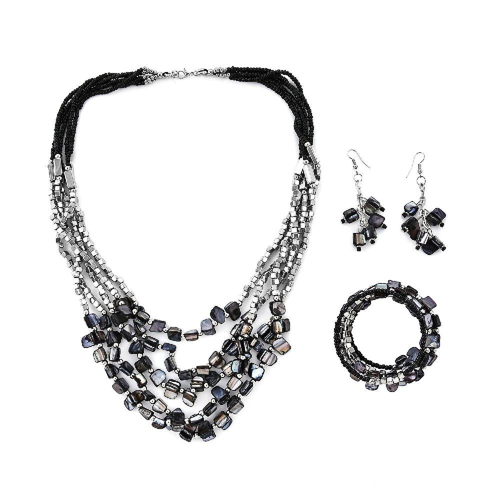 Black Seed Beaded Multi Strand Necklace With Wrap Bracelet Shell Earrings For Women In Stainless Steel Handmade Jewelry Set For Women (22 Inches)