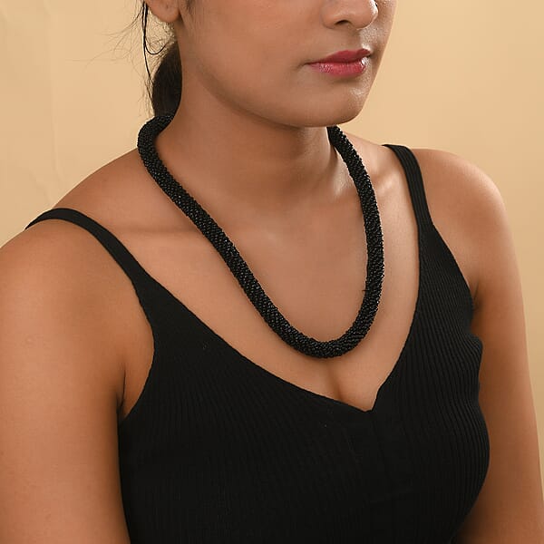 Black Seed Beaded Necklace 20 Inches In Silvertone