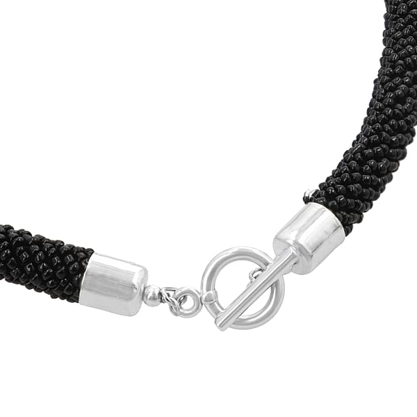 Black Seed Beaded Necklace 20 Inches In Silvertone