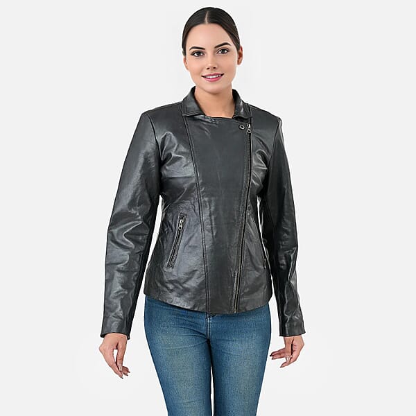 Black Shimmer 100% Genuine Lamb Leather Jacket - L