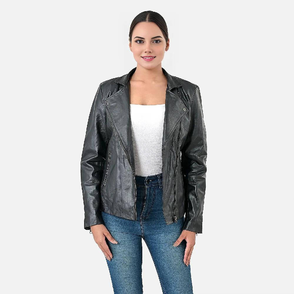 Black Shimmer 100% Genuine Lamb Leather Jacket - L