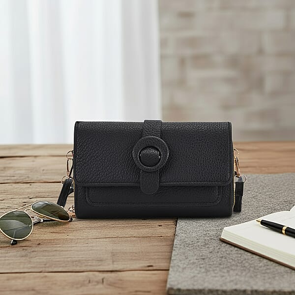 Black Solid Faux Leather Crossbody Wallet With Shoulder Strap