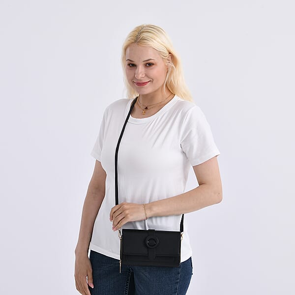 Black Solid Faux Leather Crossbody Wallet With Shoulder Strap