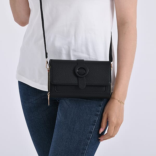 Black Solid Faux Leather Crossbody Wallet With Shoulder Strap