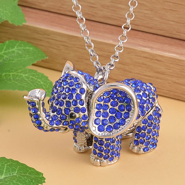 Blue And Black Austrian Crystal Elephant Pendant Necklace 24 Inches In Silvertone