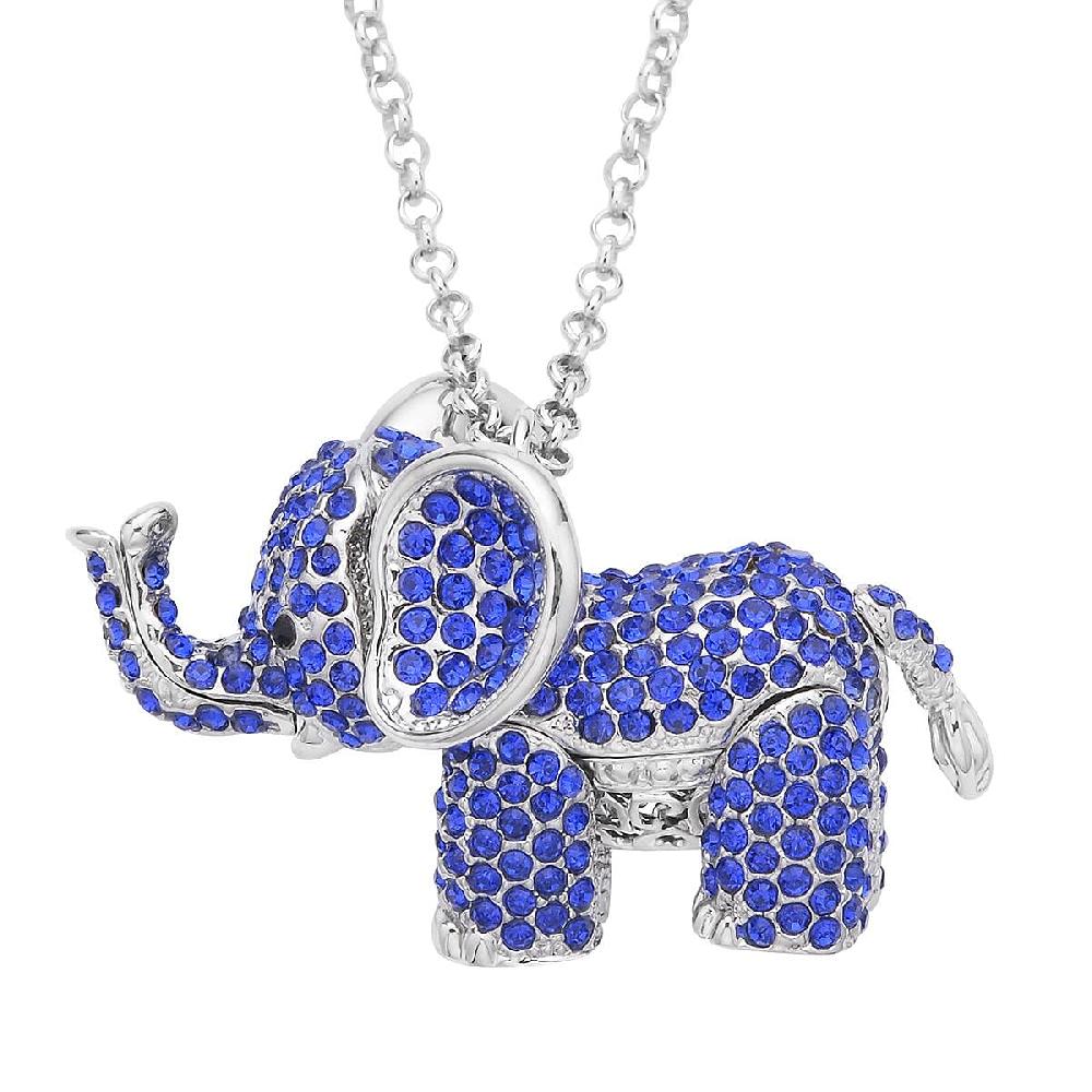 Blue and Black Austrian Crystal Elephant Pendant Necklace 24 Inches in Silvertone
