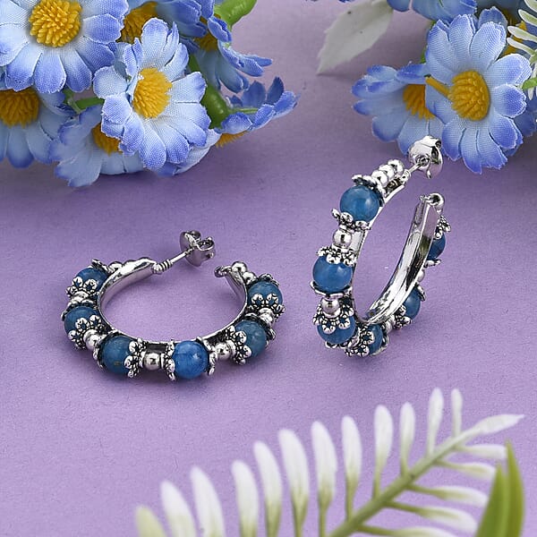 Blue Apatite Hoop Earrings In Silvertone 25.00 Ctw