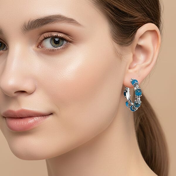 Blue Apatite Hoop Earrings In Silvertone 25.00 Ctw