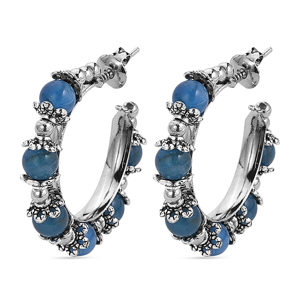 Blue Apatite Hoop Earrings In Silvertone 25.00 Ctw