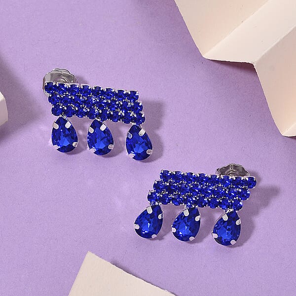 Blue Austrian Crystal Dripping Earrings In Silvertone