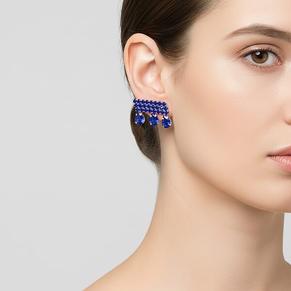 Blue Austrian Crystal Dripping Earrings In Silvertone