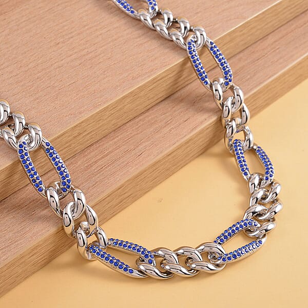 Blue Austrian Crystal Figaro Link Necklace 18.5-22.50 Inches In Silvertone