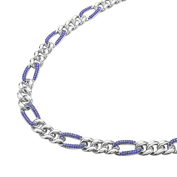Blue Austrian Crystal Figaro Link Necklace 18.5-22.50 Inches In Silvertone