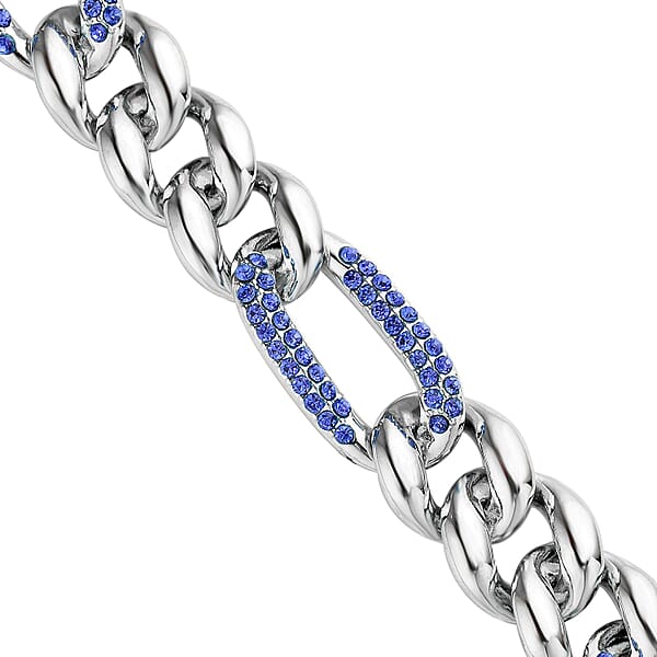 Blue Austrian Crystal Figaro Link Necklace 18.5-22.50 Inches In Silvertone