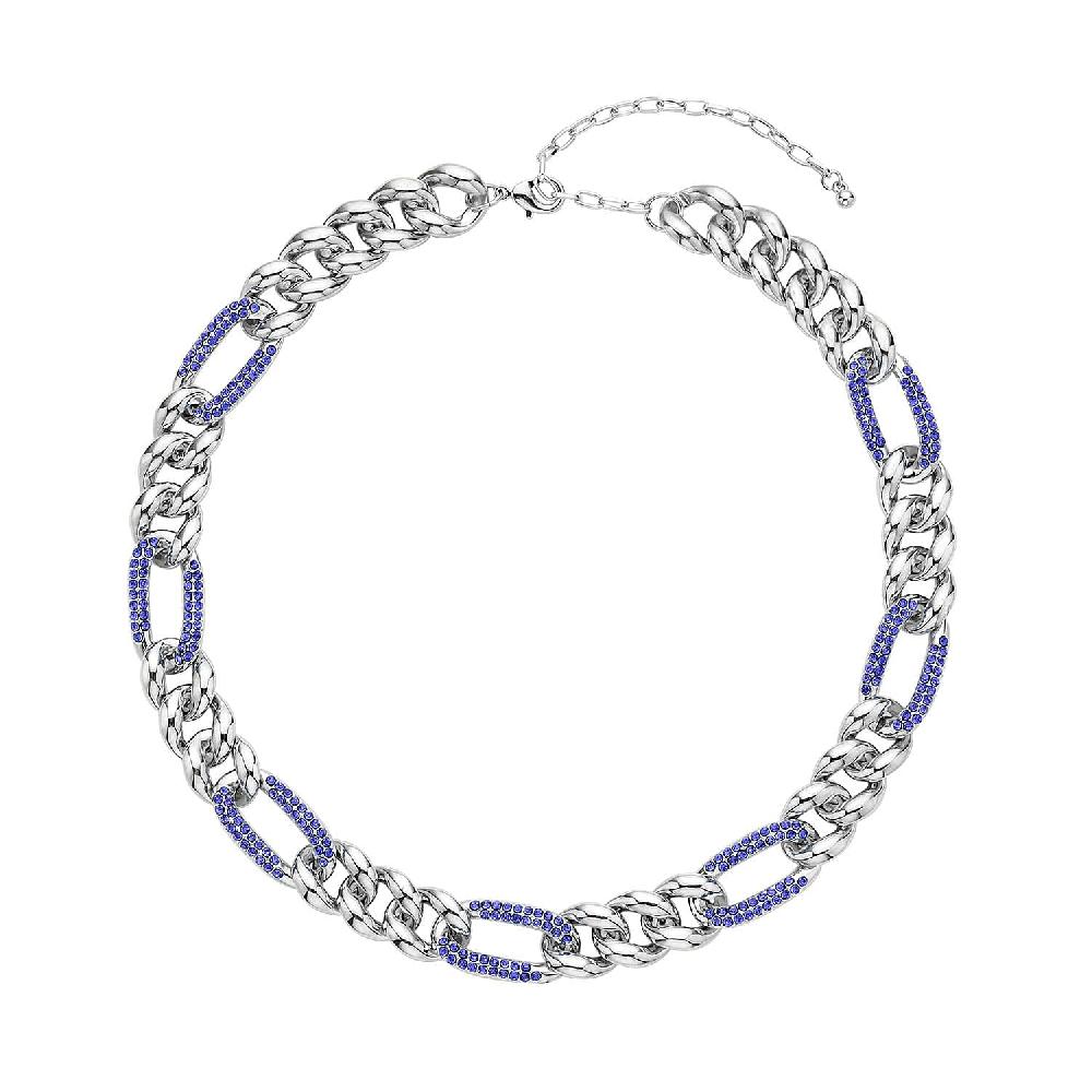 Blue Austrian Crystal Figaro Link Necklace 18.5-22.50 Inches In Silvertone