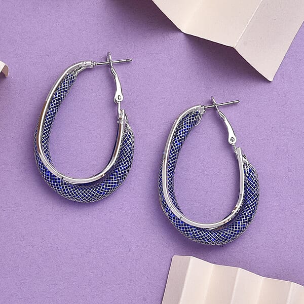 Blue Austrian Crystal Mesh Hoop Earrings In Silvertone