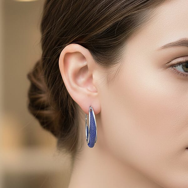 Blue Austrian Crystal Mesh Hoop Earrings In Silvertone