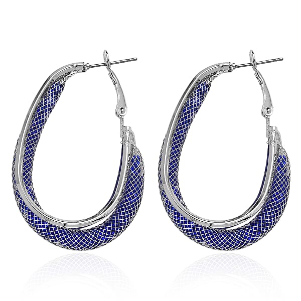Blue Austrian Crystal Mesh Hoop Earrings In Silvertone