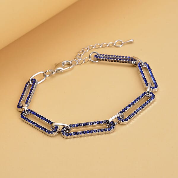 Blue Austrian Crystal Paper Clip Chain Bracelet In Silvertone (7.50-9.50 Inches)