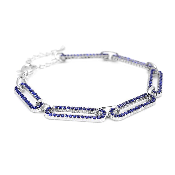 Blue Austrian Crystal Paper Clip Chain Bracelet In Silvertone (7.50-9.50 Inches)