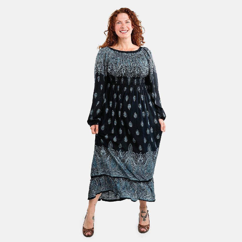 Blue Bandana Long Sleeve Smocked Maxi Dress - One Size Fits Most