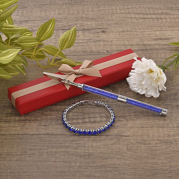 Blue Color Austrian Crystal Tennis Bracelet (7.50In) And Bracelet Helper In Silvertone