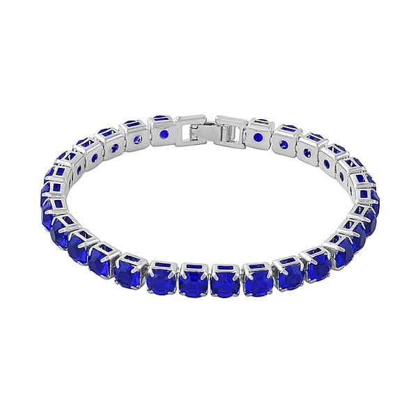 Blue Color Austrian Crystal Tennis Bracelet (7.50In) And Bracelet Helper In Silvertone