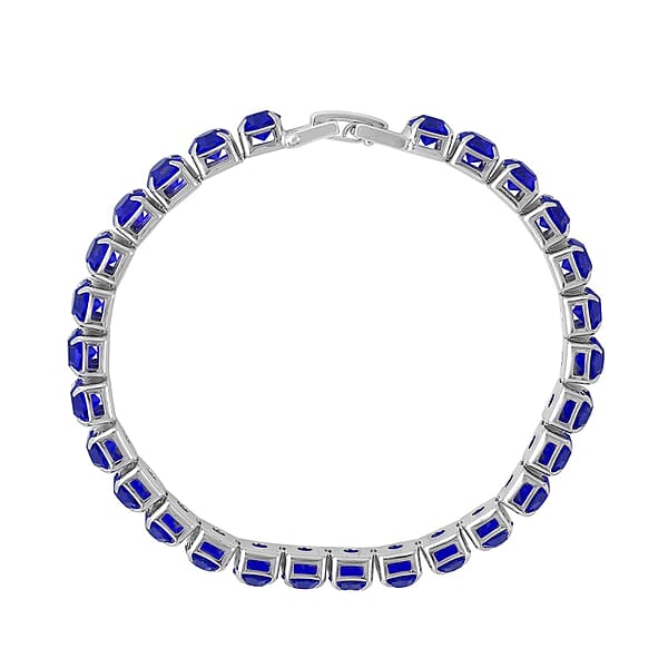 Blue Color Austrian Crystal Tennis Bracelet (7.50In) And Bracelet Helper In Silvertone