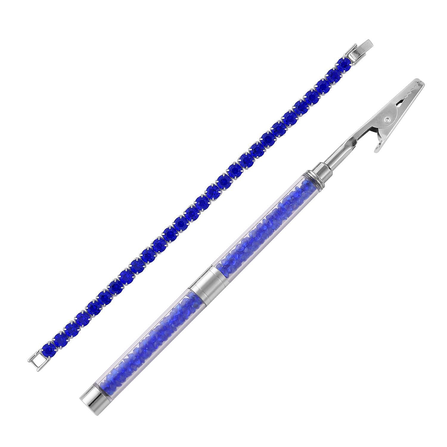 Blue Color Austrian Crystal Tennis Bracelet (7.50In) and Bracelet Helper in Silvertone