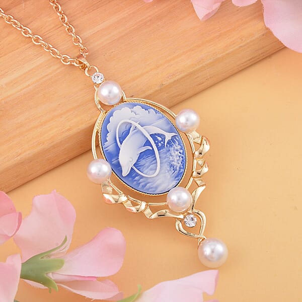 Blue Color Cameo And Multi Gemstone 6.00 Ctw Necklace In Goldtone 20.5-22.5 Inches