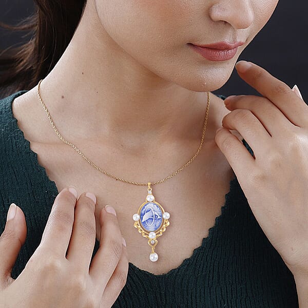 Blue Color Cameo And Multi Gemstone 6.00 Ctw Necklace In Goldtone 20.5-22.5 Inches