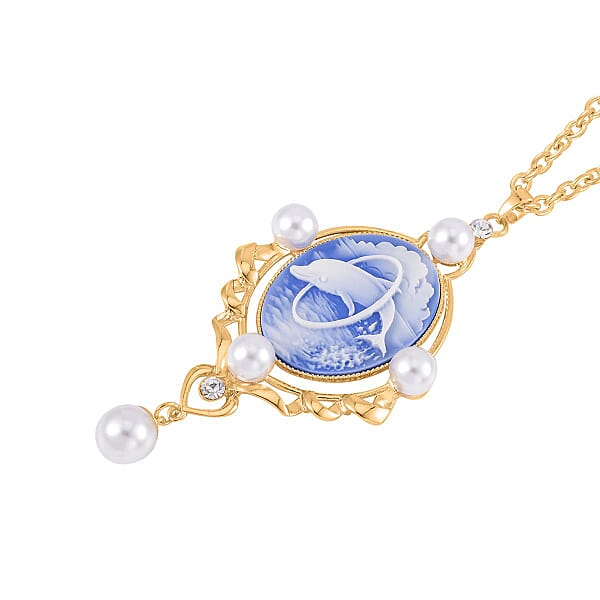 Blue Color Cameo And Multi Gemstone 6.00 Ctw Necklace In Goldtone 20.5-22.5 Inches