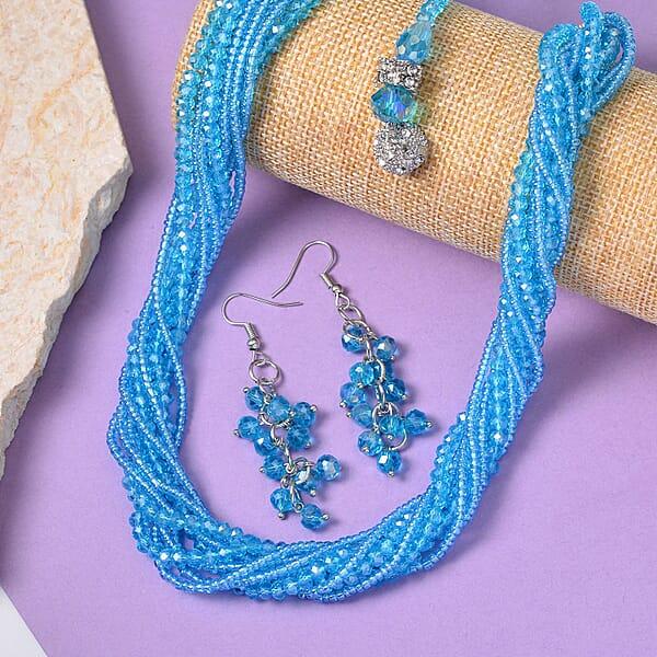 Blue Color Glass And Austrian Crystal 2pcs Multi Wear Necklace And Earrings In Silvertone 16 & 18 Inches