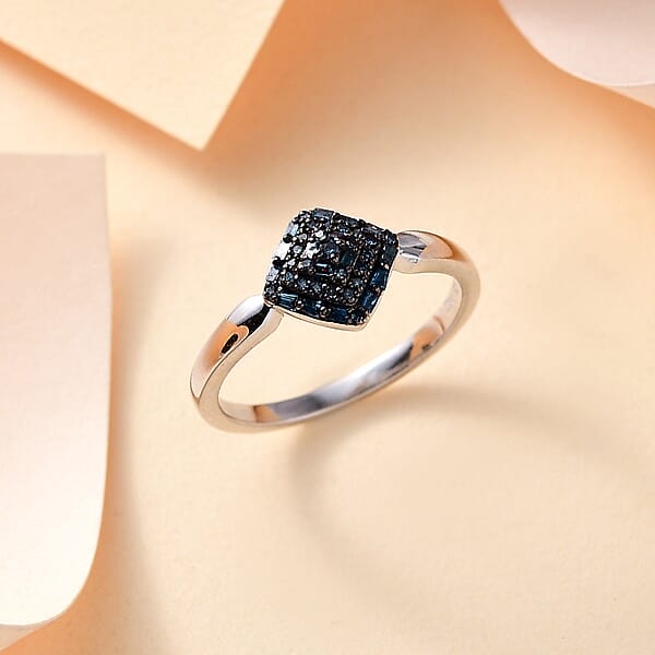Blue Diamond 0.15 Ctw Halo Cluster Ring In Rhodium Over Sterling Silver