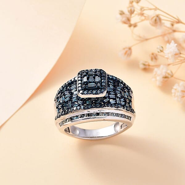 Blue Diamond 1.50 Ctw Art Deco Ring In Platinum Over Sterling Silver