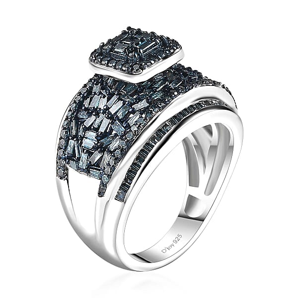 Blue Diamond 1.50 Ctw Art Deco Ring In Platinum Over Sterling Silver