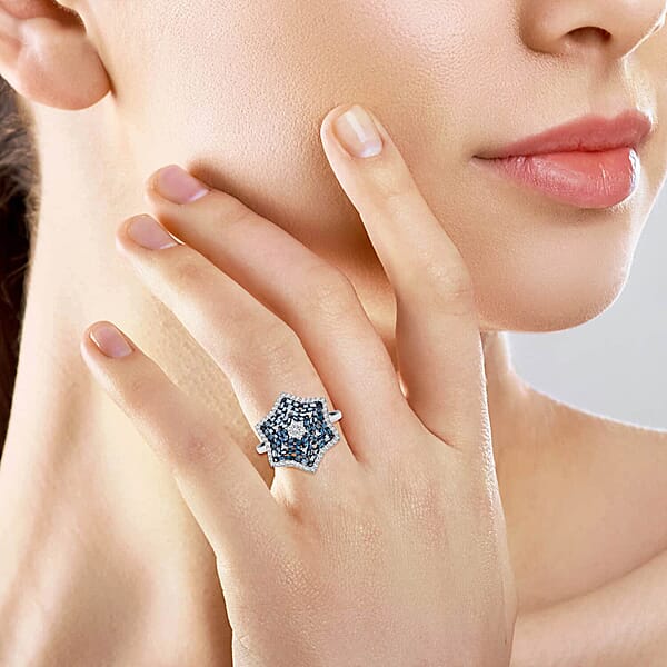Blue Diamond Diamond Star Ring In Platinum Over Sterling Silver 1.00 Ctw