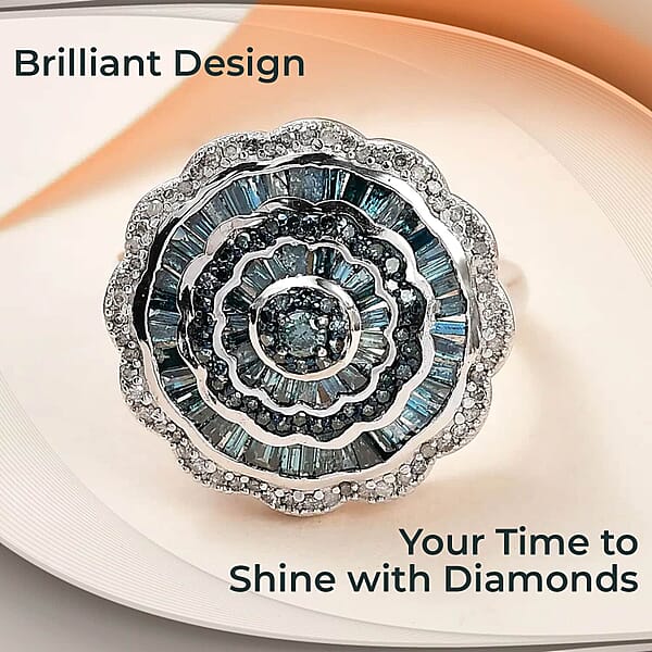 Blue Diamond Ring White Diamond Accent Ring Diamond Cluster Ring Cluster Cocktail Ring Floral Cluster Ring Platinum Over Sterling Silver Ring 1.50 Ctw