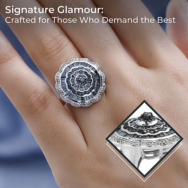 Blue Diamond Ring White Diamond Accent Ring Diamond Cluster Ring Cluster Cocktail Ring Floral Cluster Ring Platinum Over Sterling Silver Ring 1.50 Ctw