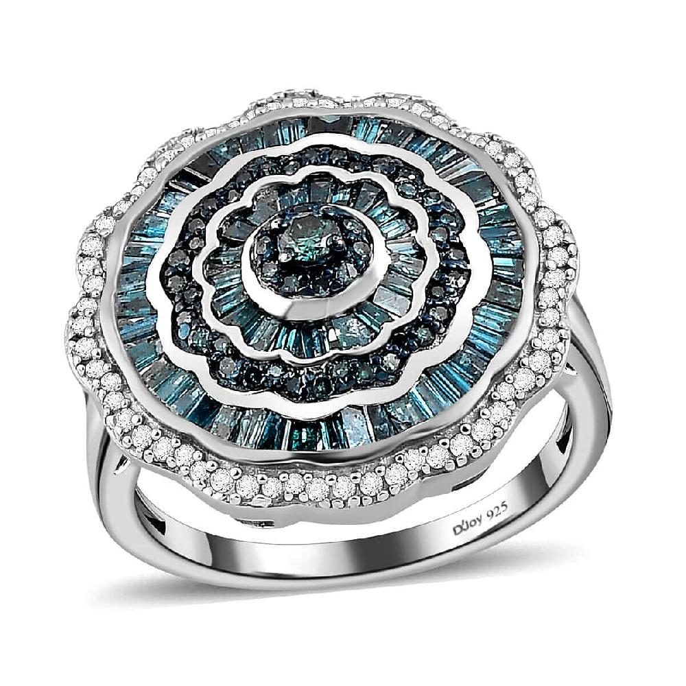 Blue Diamond Ring White Diamond Accent Ring Diamond Cluster Ring Cluster Cocktail Ring Floral Cluster Ring Platinum Over Sterling Silver Ring 1.50 Ctw