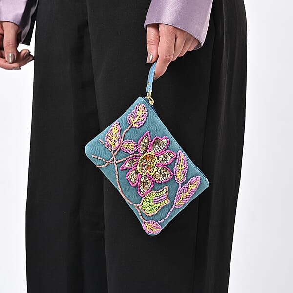 Blue Genuine Leather Floral Pattern Embellishment Pouch With Top Zip Closure