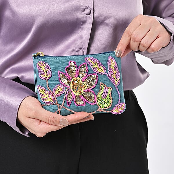 Blue Genuine Leather Floral Pattern Embellishment Pouch With Top Zip Closure