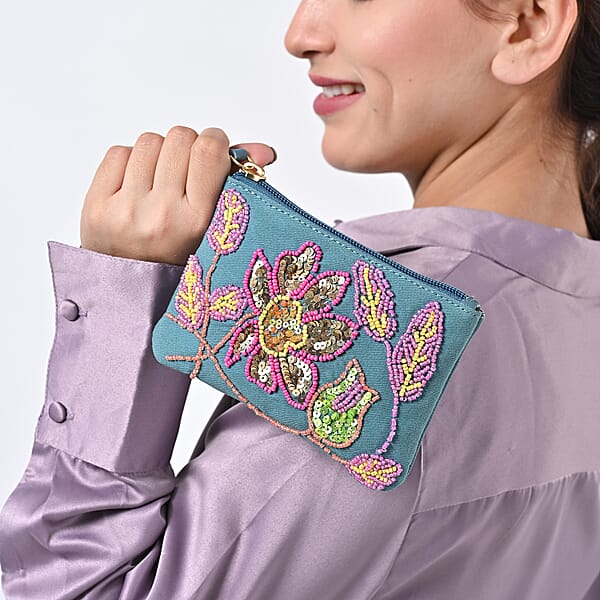 Blue Genuine Leather Floral Pattern Embellishment Pouch With Top Zip Closure