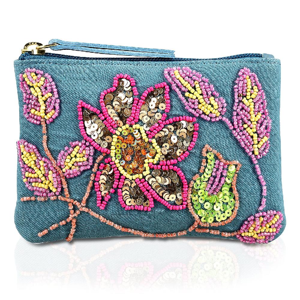 Blue Genuine Leather Floral Pattern Embellishment Pouch with Top Zip Closure