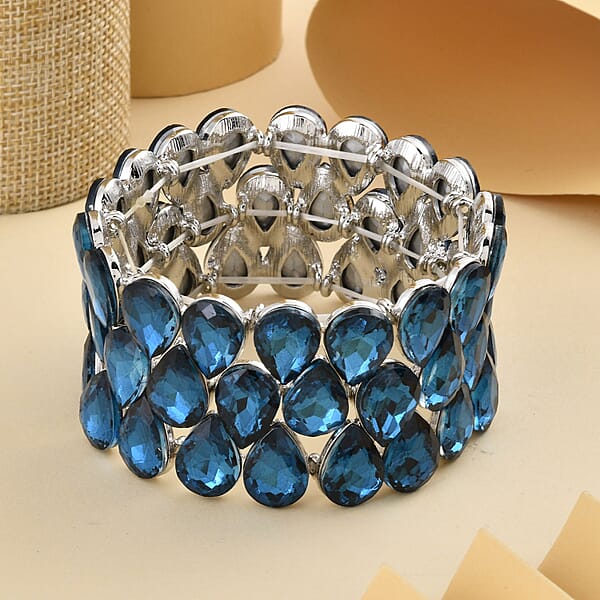 Blue Glass 3 Row Bracelet In Silvertone (6.50-7.0In)