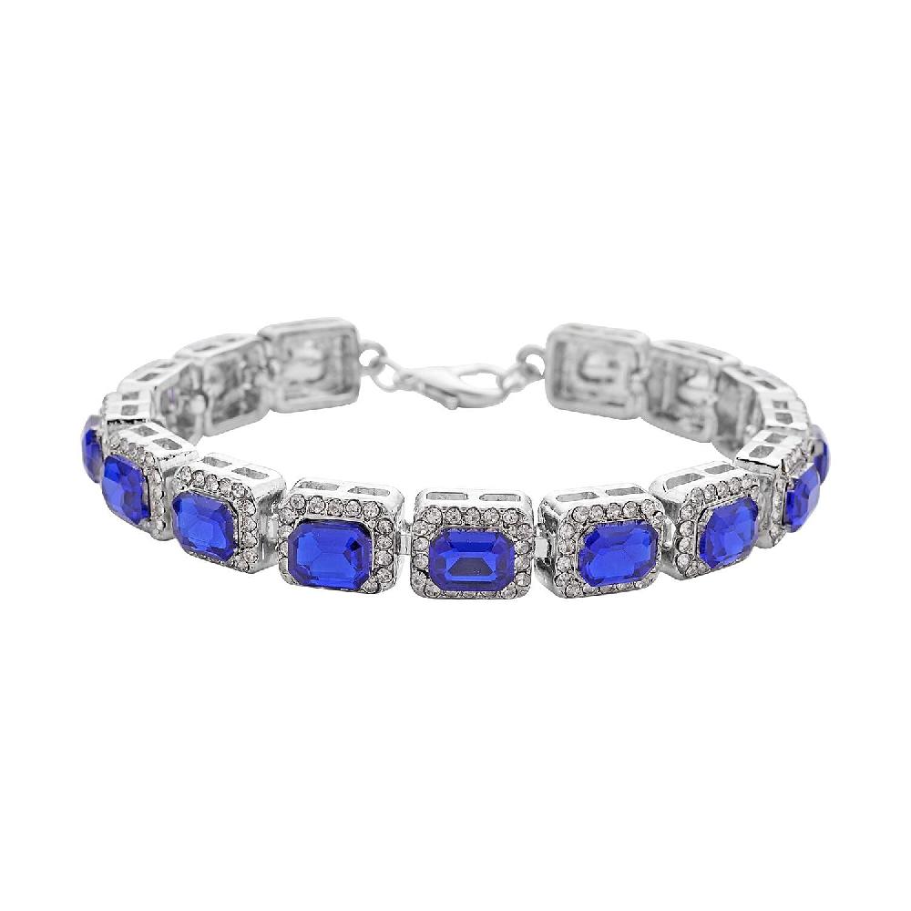 Blue Glass and Austrian Crystal Tennis Bracelet in Silvertone (7-9In)